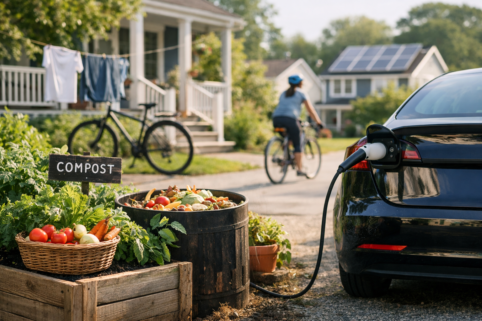 Climate actions like driving electric, biking, local food and solar panels